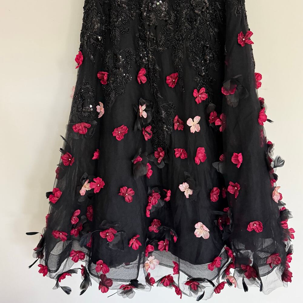 NEW Mag Duggal Sequin Floral Appliqué 3D FlowersBlack Midi Dress Size 10 - Picture 7 of 15
